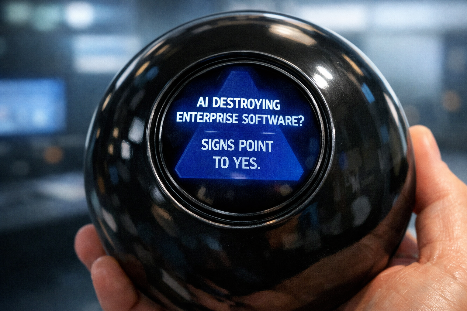 A hand holding a magic 8 ball. Its fortune says "AI Destroying Enterprise Software? Signs point to yes."