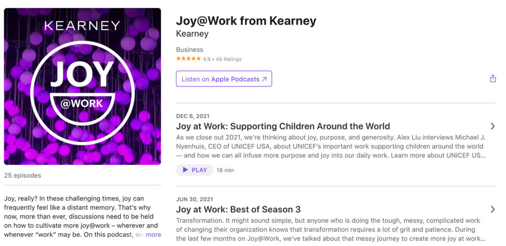 Homepage of Joy at Work from Kearney Podcast