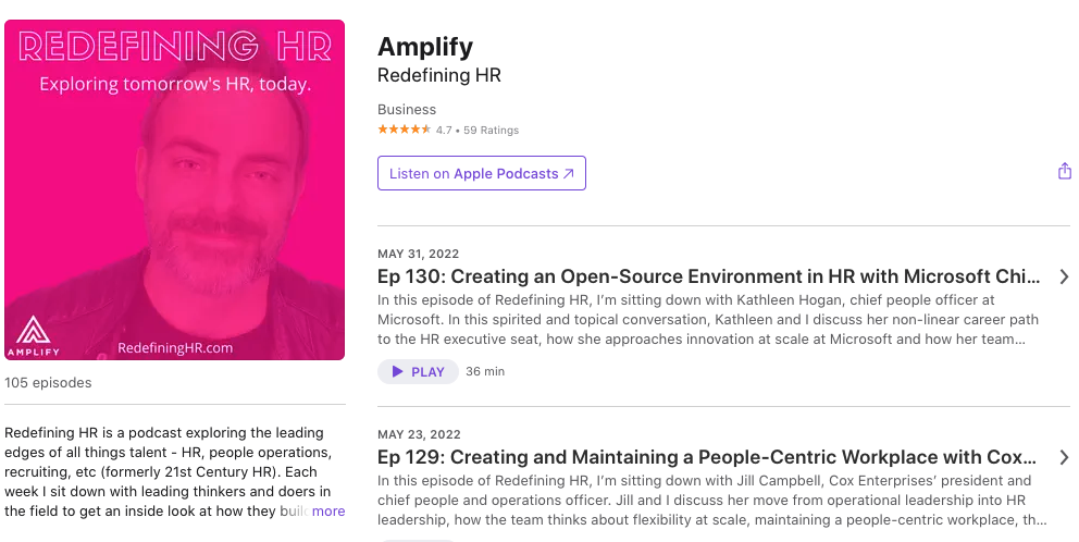 Image of Amplify Redefining HR Podcast Listing with Description of show and episodes 