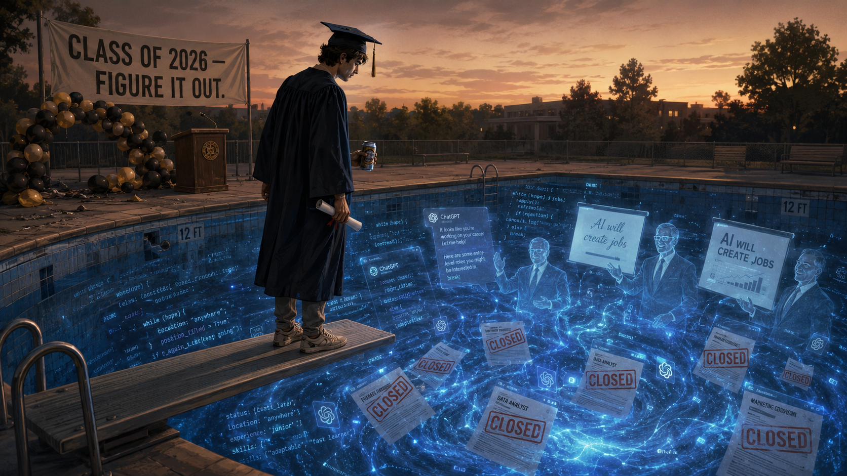 AI generated image of a person in a graduation cap and gown looking into a swimming pool of documents indicating a rough job market. 